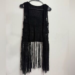 Boho fringe crochet cover up western black tassle sleeveless cardigan festival
